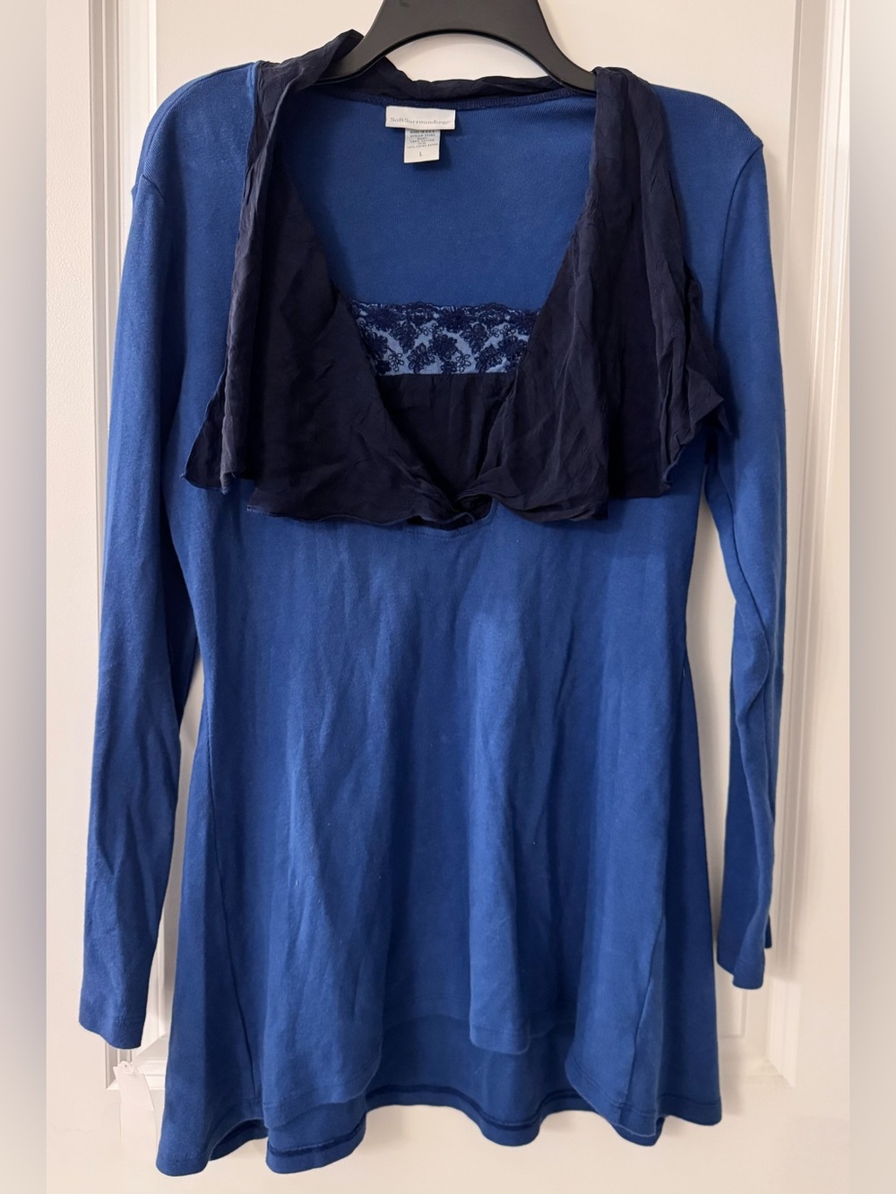 #z242 Soft Surroundings Artful Allure Tunic Top Blue Lace Trim Long Knitwear Top